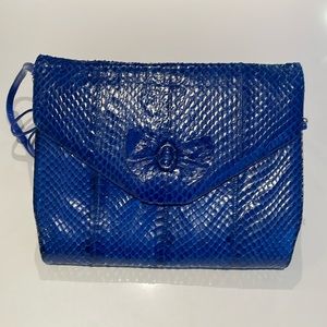 Vintage Blue Snake Skin Leather hand bag with bow detail w/ detachable straps